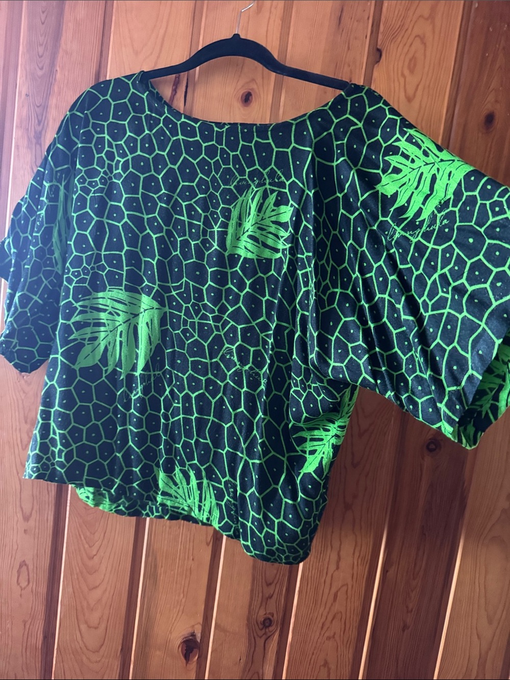 Living Hula Boxy Black Tunic Top with Neon Green Ulu Print